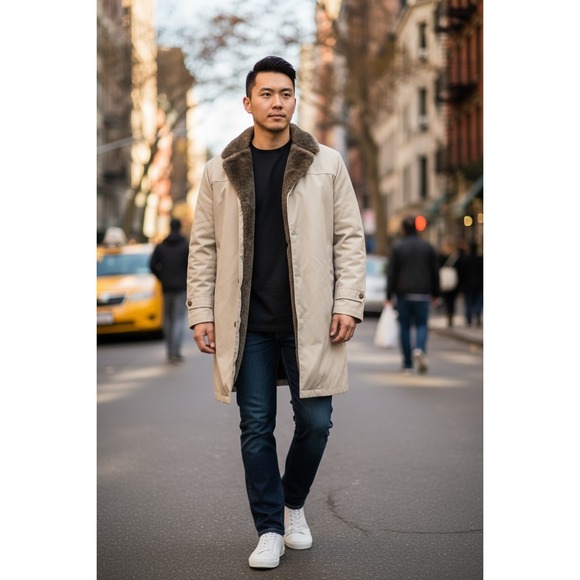 Vintage Haggar Men Beige Overcoat 40 Faux Fur Lined bogart detective Careercore